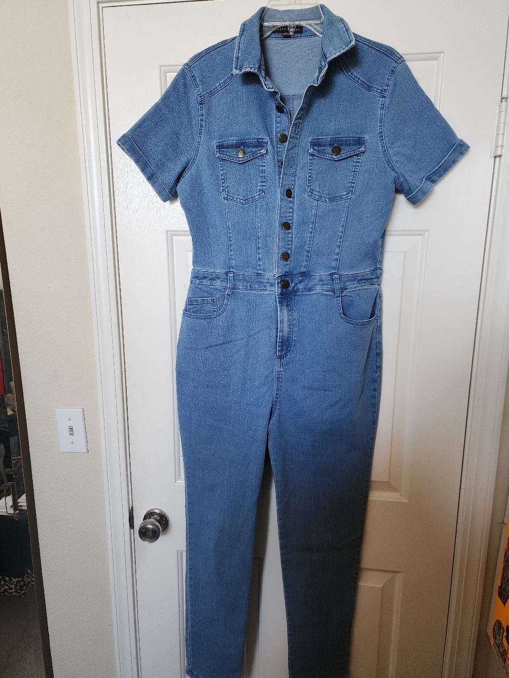 Haute Monde Light Blue Short-Sleeve Denim Jumpsuit